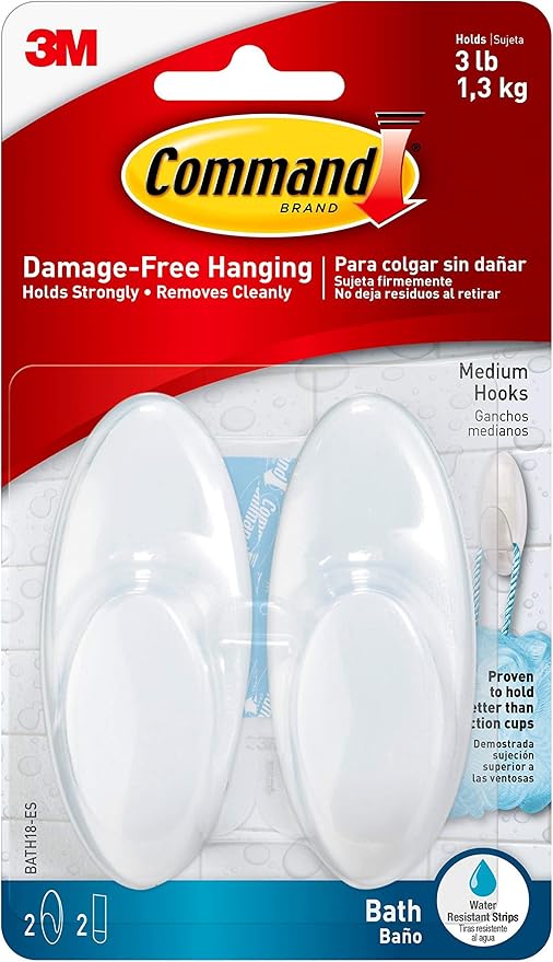 Command Bath Medium Hooks, 3 lb Capacity, Organize Damage-Free by Command