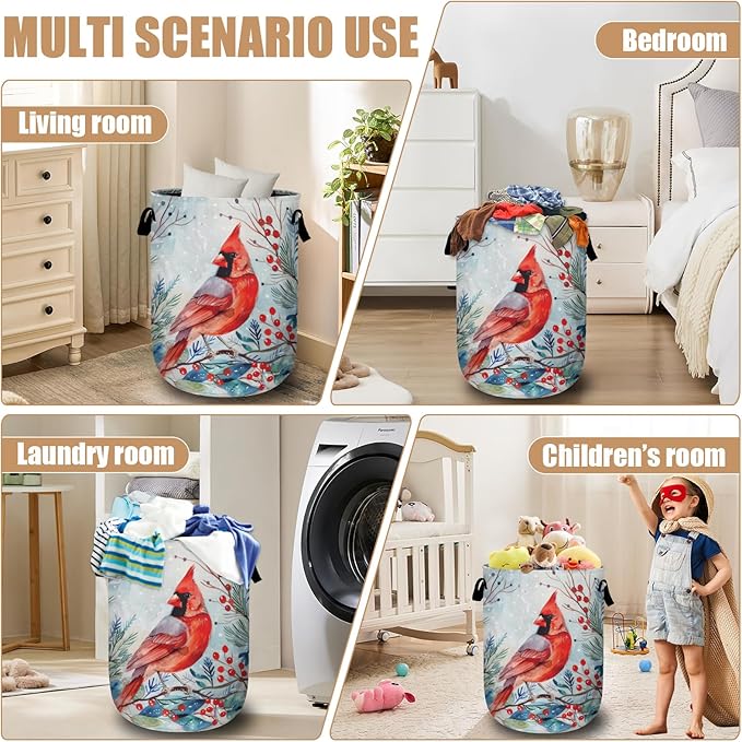 Watercolor Red Bird Laundry Basket, Foldable Winter Cardinal Laundry Hamper - Image 7