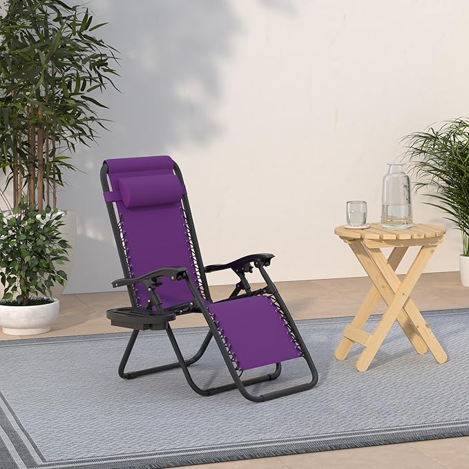 Best Choice Products Set of 2 Adjustable Steel Mesh Zero Gravity Lounge Chair Recliners w/Pillows and Cup Holder Trays - Amethyst Purple - Image 2