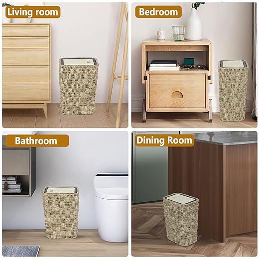 Boho Trash Can with Lid, 3 Gallon Small Rattan Trash Can with Press Top Lid - Image 7