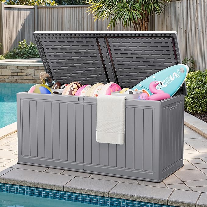 JUMMICO 270 Gallon Outdoor Storage Deck Box with Divider, Double Wall Storage Box with Lockable Lid for Garden Tools, Pools Supplies (Gray) - Image 7