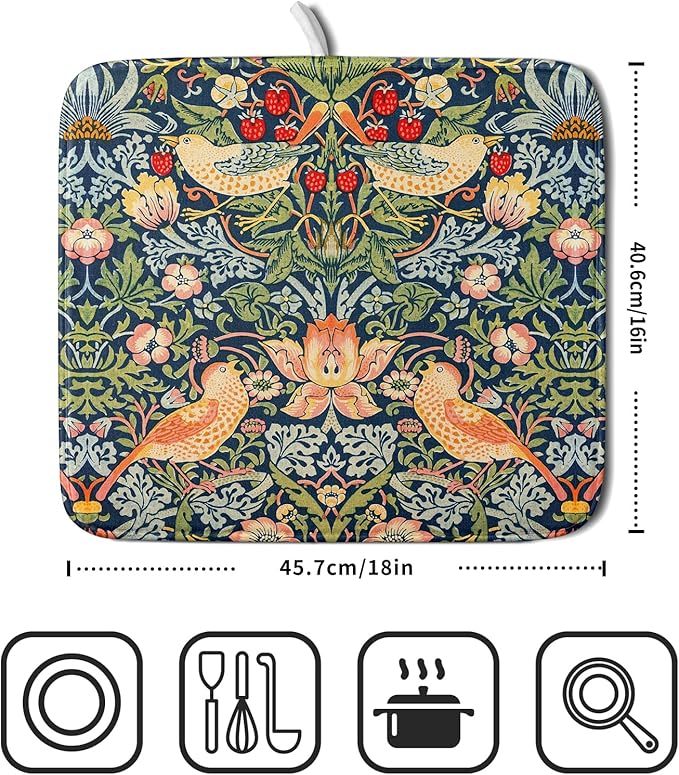 Navy Blue Sage Green Chinoiserie Dish Drying Pad 16 x 18 Inch - Image 2