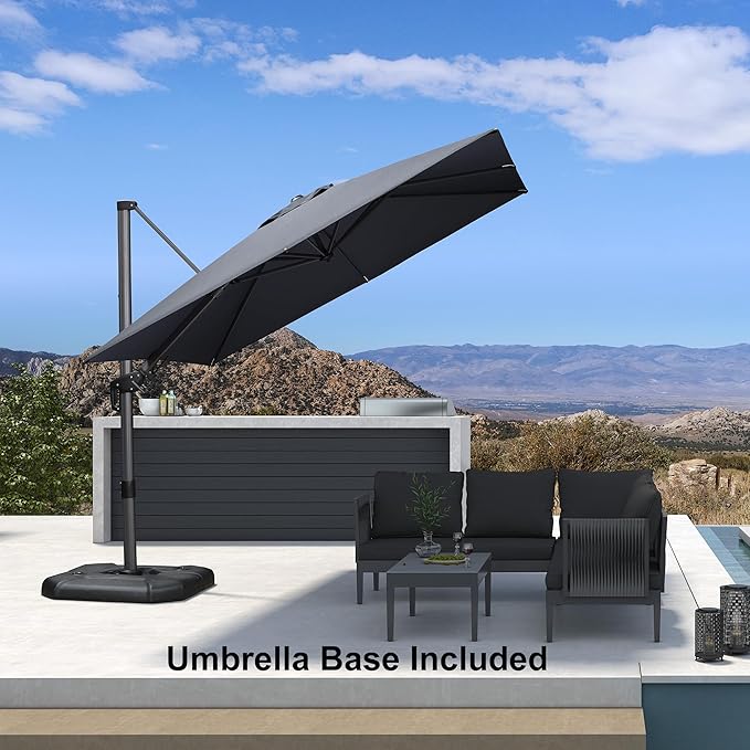 PURPLE LEAF 8.8' X 8.8' Left-right Tilt Patio Umbrella with Base Outdoor Cantilever Swivel Square Umbrella with Tilt Aluminum Offset Umbrella with 360-degree Rotation for Garden Deck Pool Patio Grey - Image 2