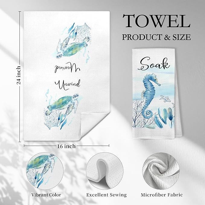 Watercolor Coastal Beach Hand Towels, Sea Horse Turtle Fish Crab Unwind Breathe - Image 2