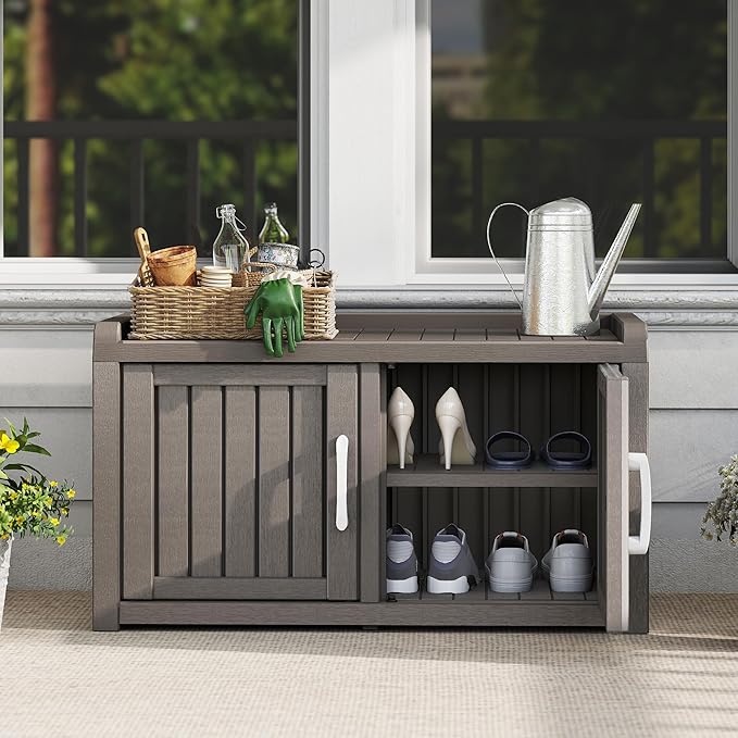 2-Tier Storage Bench, Waterproof UV-Resistant Outdoor Shoe Storage Cabinet with 2 Doors & Adjustable Shelves for Indoor Outdoor Entryway, Hallway, Living Room (Grey) - Image 2