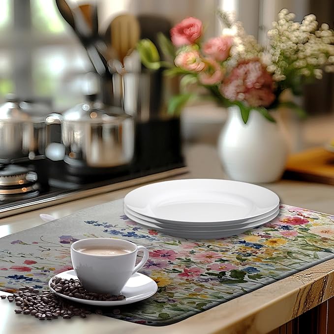 Spring Floral Dish Drying Mat for Kitchen Counter Summer Colorful Flower - Image 6