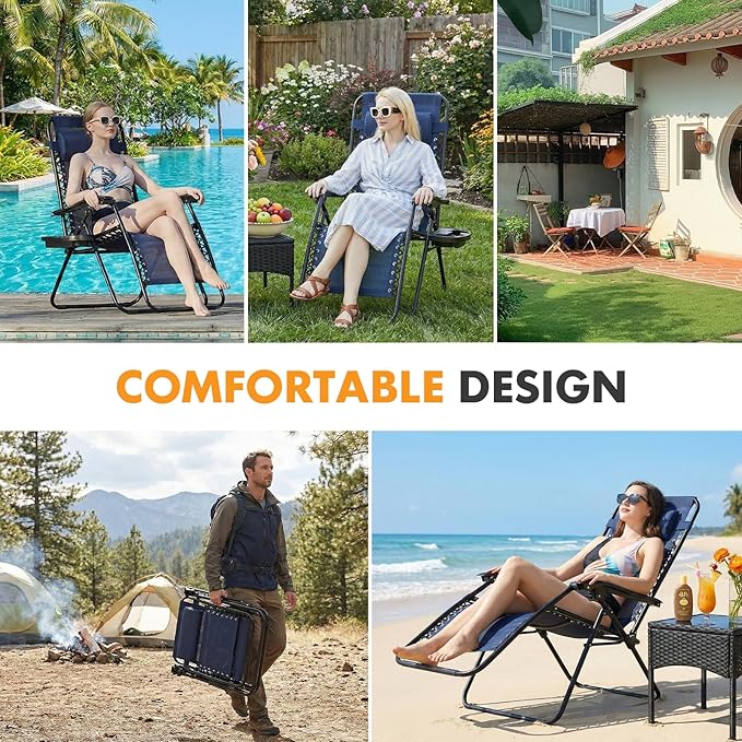 NEWBULIG Zero Gravity Chair Set of 2, Lounge Chair Folding Portable Adjustable Camping Reclining Chairs with Adjustable Pollow, Mesh Back, Cup Holder Trays Lawn Patio Chair for Pool Beach - Blue - Image 8