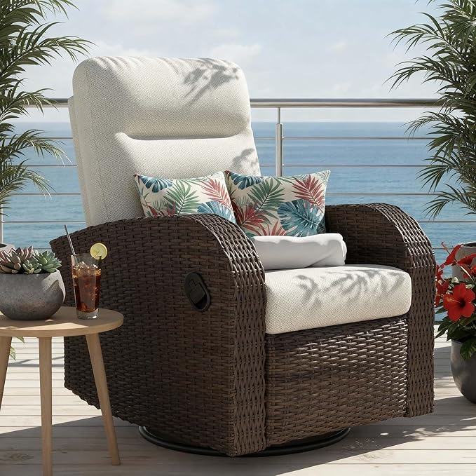 Outdoor Swivel Recliner Chair, All-Weather Wicker Reclining Patio Chair with Adjustable Backrest and Footrest by Vakollia