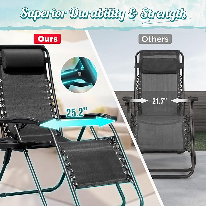 Homall Zero Gravity Chair Patio Folding Lawn Lounge Chairs Outdoor Lounge Gravity Chair Camp Reclining Chair with Pillows for Poolside Backyard and Beach Set of 2 (Dark Black) - Image 4