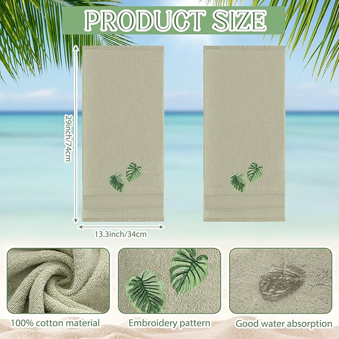 2 Pcs Tropical Palm Leaves Hand Towels Gray Green Bathroom Decor 14x29 Inch - Image 3