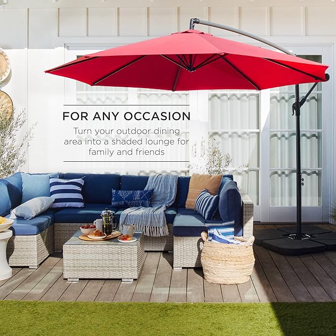 Best Choice Products 10ft Offset Hanging Market Patio Umbrella w/Easy Tilt Adjustment, Polyester Shade, 8 Ribs for Backyard, Poolside, Lawn and Garden - Red - Image 3
