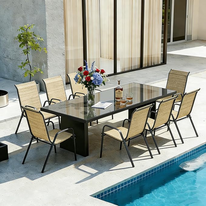 MAMIZO Patio Dining Chairs, Stackable All Weather Teslin Chair, Heavy Duty Outdoor Breathable Chairs Set, w/Armrests, Upgraded Chair FeetW/Strenthened Iron Spacers, 330 LBS (8, Brown) - Image 10