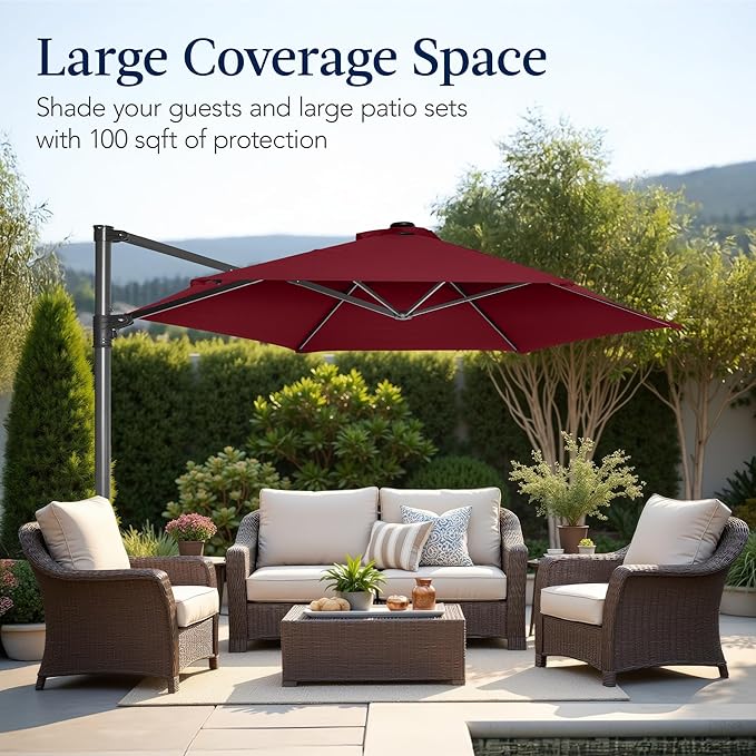 Best Choice Products 10ft Offset Cantilever Hanging Market Patio Umbrella, Smooth 360° Rotation, 8 Sturdy Ribs, Easy Adjustment - Burgundy - Image 4