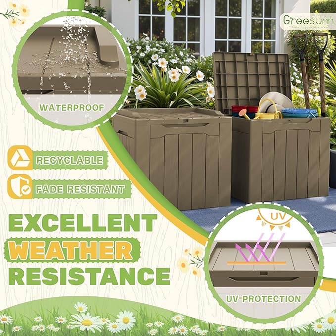 Greesum 31 Gallon Deck Box for Outside, All Weather Outdoor Storage Boxes for Patio Furniture Set, Package Delivery Box, Garden Tools, Light Coffee(Set of 2) - Image 5