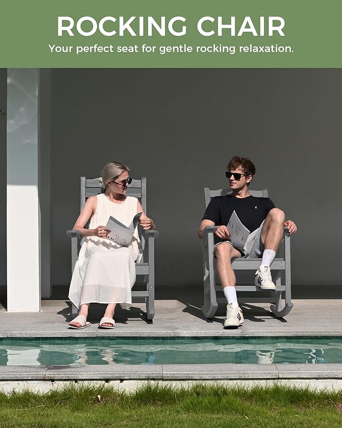 Oversized Rocking Chair Outdoor, High Back Porch Rocker Chair, HDPE All Weather Resistant Rocking Chairs for Patio, 380lbs Weight Capacity, Grey - Image 7
