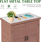 Outdoor Storage Cabinet & Potting Bench Table with Metal Top, Wooden Patio Furniture, Garden Workstation (Dark Brown, 36x31x17in) - Image 4