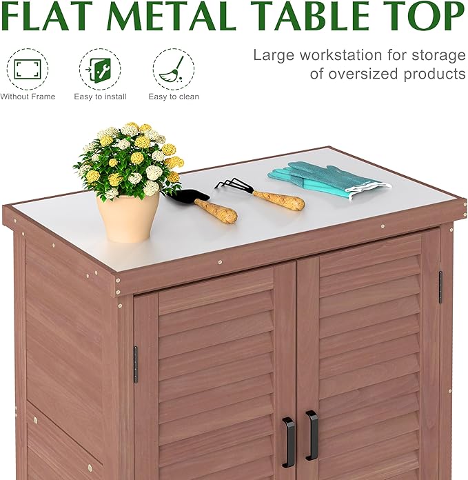 Outdoor Storage Cabinet & Potting Bench Table with Metal Top, Wooden Patio Furniture, Garden Workstation (Dark Brown, 36x31x17in) - Image 4