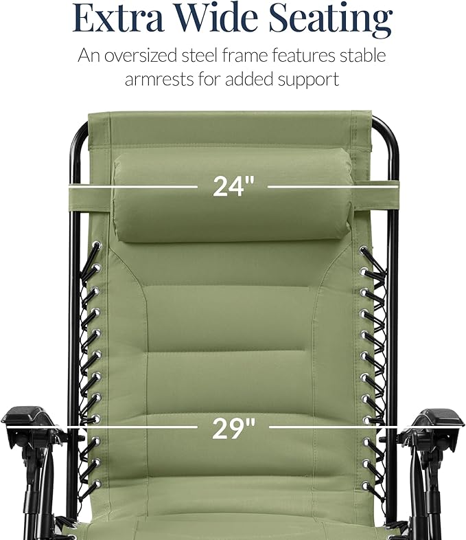 Best Choice Products Oversized Padded Zero Gravity Chair, Folding Outdoor Patio Recliner, XL Anti Gravity Lounger for Backyard w/Headrest, Cup Holder, Side Tray, Polyester Mesh - Sage Green - Image 3