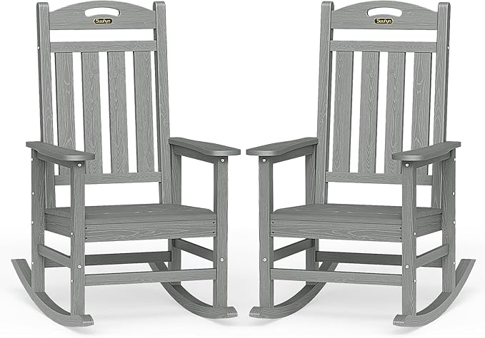 Oversized Outdoor Rocking Chairs Set of 2, High Back Porch Rocker Chair, HDPE Rocking Chairs for Patio, Living Room, Light Grey by Suunyn