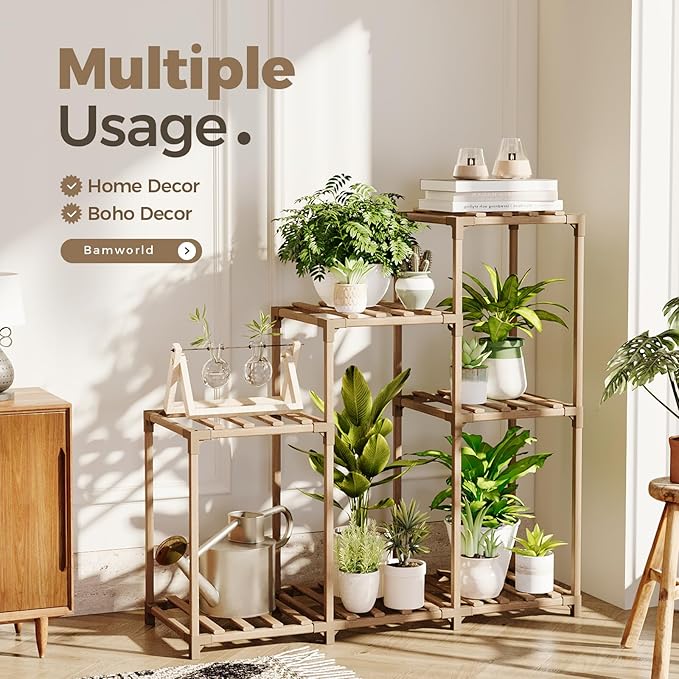 Bamworld Plant Stand Indoor Wood Plant Shelf Outdoor Tiered Plant Rack for Multiple Plants Upgrade 3 Tiers 7 Potted Ladder Plant Holder Plant Table for Mulitiple Pots Boho Decor Home Decor for Window Balcony Living Room Gardening Gifts - Image 3