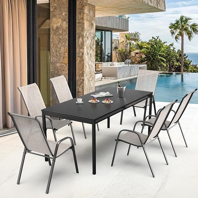 VINGLI Patio Chairs Set of 8 – Stackable Outdoor Dining Chairs with Comfortable Sling High Back Chairs and Armrests for Lawn, Poolside, Courtyard, Balcony, Garden, Yellow - Image 4