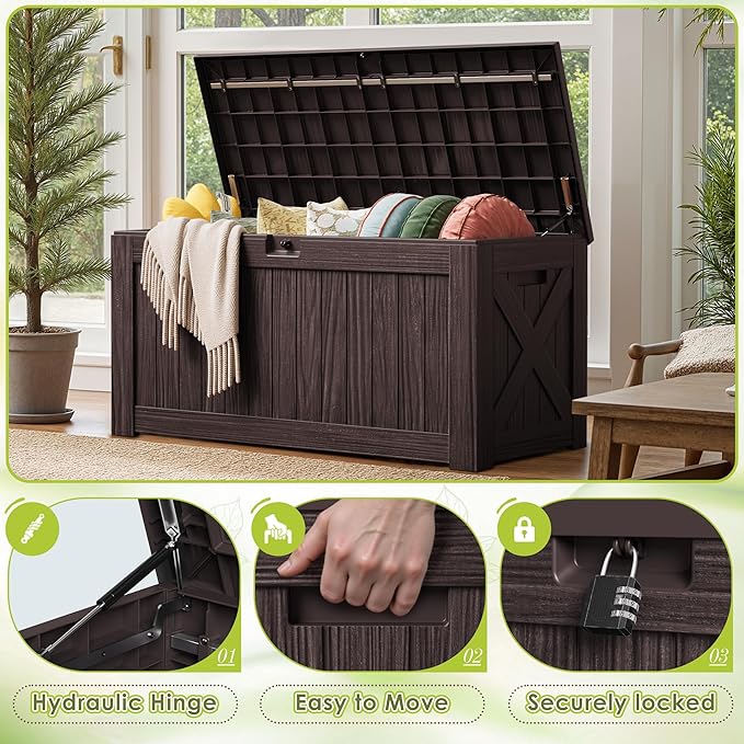 Devoko 125 Gallon Outdoor Storage Box, Waterproof Resin Deck Box for Patio Furniture, Lockable Container for Garden Cushions & Pool Supplies (Brown, 125 Gallon) - Image 3