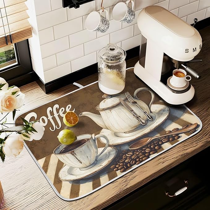 Coffee Themed Dish Drying Mat for Kitchen Counter Absorbent Microfiber Small - Image 8