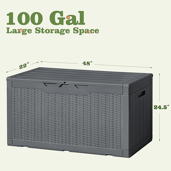 Flamaker Outdoor Storage Box 100 Gallon Waterproof Resin Deck Box Delivery Box with Air Rod Indoor Outdoor Lockable Storage Bench for Patio Cushions, Tools, Pool Accessories (Gray) - Image 6
