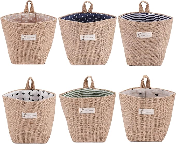 Foraineam 6 Pack Mini Hanging Storage Bag Cotton Linen Decorative Wall-Hanging by Foraineam
