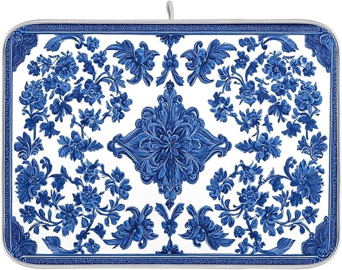 Blue White Porcelain Floral Dish Drying Mat by Wamika