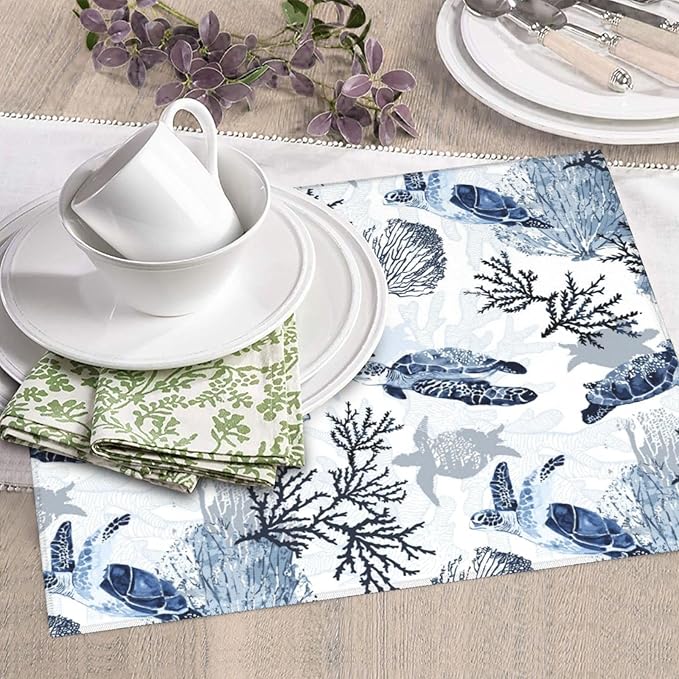 Nautical Blue White Sea Turtle & Coral Dish Drying Mats - Image 5
