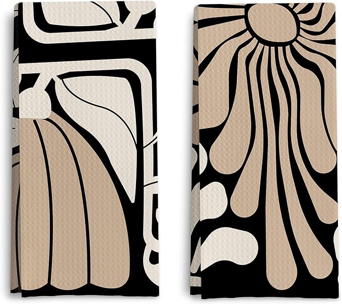 Abstract Boho Neutral Taupe and Beige Floral Kitchen Towels Set of 2, Retro 70s by ColorfulLifeStartingwithYourCuteTowel