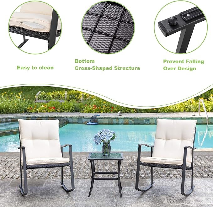 Vongrasig 3 Piece Outdoor Rocking Chair Set, PE Wicker Rattan Small Bistro Set, Front Porch Furniture Rocking Chairs Set of 2, Cushioned Patio Rocker Chair Set with Glass Table (Beige) - Image 4