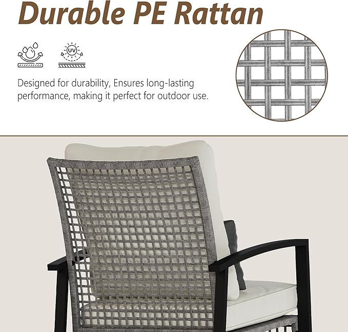 3 Piece Patio Rocking Chairs Set of 2, Outdoor Rocking Chair Bistro Set with Tempered Glass Coffee Table and Thick Lumbar Pillow Set, Front Porch Chairs for Garden, Backyard (Gray Rattan) - Image 6