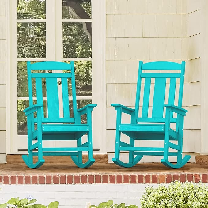 LUE BONA Outdoor Rocking Chairs Set of 2, HDPS Porch Rocker with High Back, Plastic Weather Resistant Rocking Chairs for Outdoor Indoor, Garden, Backyard, 350lb,Aruba Blue - Image 3