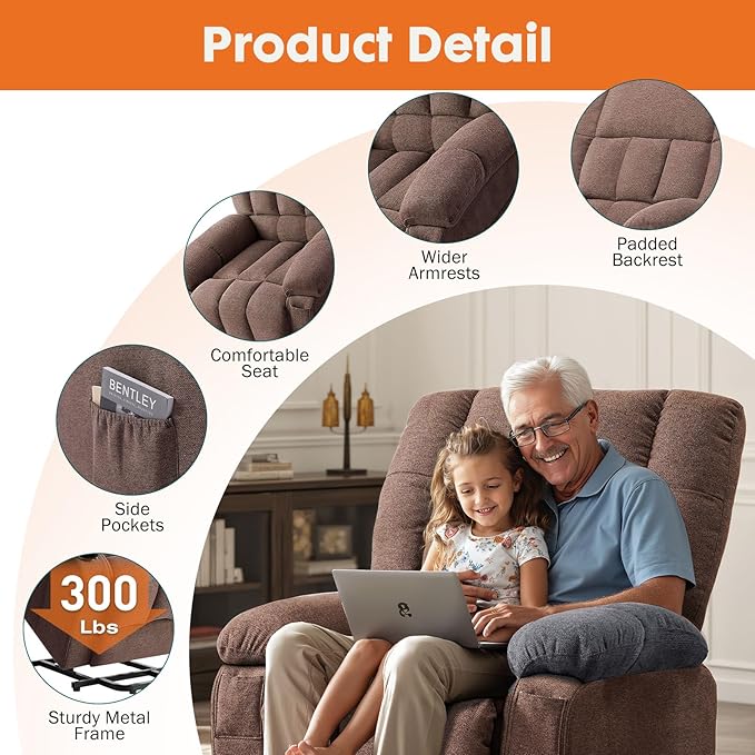 Sweetcrispy Power Lift Recliner Chair with Vibration Massage and Heat for Adults, Ergonomic Overstuffed Breathable Fabric Reclining Chair with Side Pockets, Remote Control, Living Room, Bedroom, Brown - Image 3