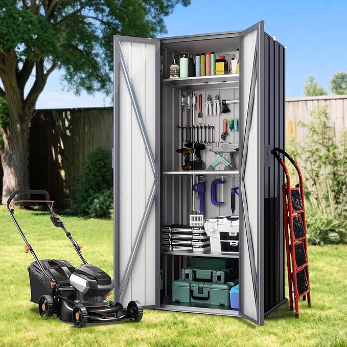 Greesum Outdoor Metal Storage Cabinet, 69'' Lockable Tall Shed, Vertical Tool Organizer with 2 Adjustable Shelves, for Garage, Patio, Backyard, Home & Lawn, Black - Image 6