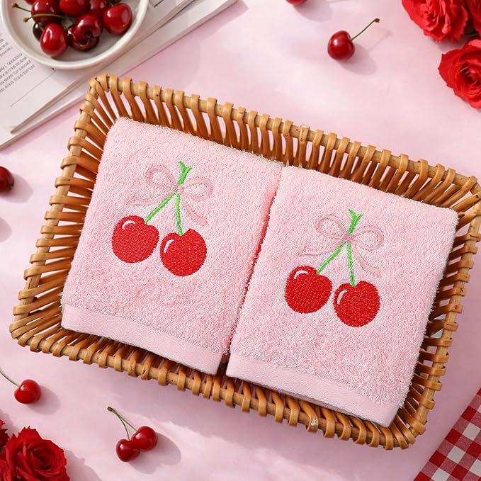 2 Pcs Cherry Hand Towels Light Pink Bathroom Decor 14x29 Inch Embroidered 100% - Image 2