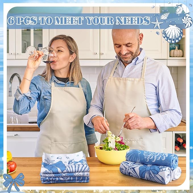 Breling Set of 6 Coastal Beach Kitchen Towels Blue Bow Dish Towel Bathroom - Image 3