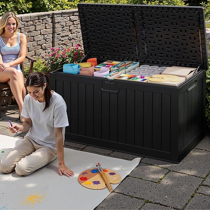 JUMMICO 250 Gallon Outdoor Resin Deck Box with Divider, Waterproof Storage Box with Lockable Lid&Side Handles for Garden Tools, Pools Supplies (Black) - Image 6