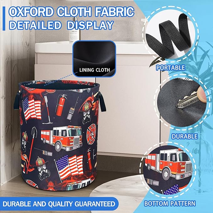Fire Truck Fireman Laundry Basket Firefighters Oxford Cloth Laundry Hamper - Image 2