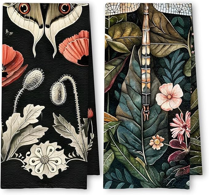Moody Floral Moth Dragonfly Kitchen Towels Set of 2, Dark Cottagecore Botanical by Unknown