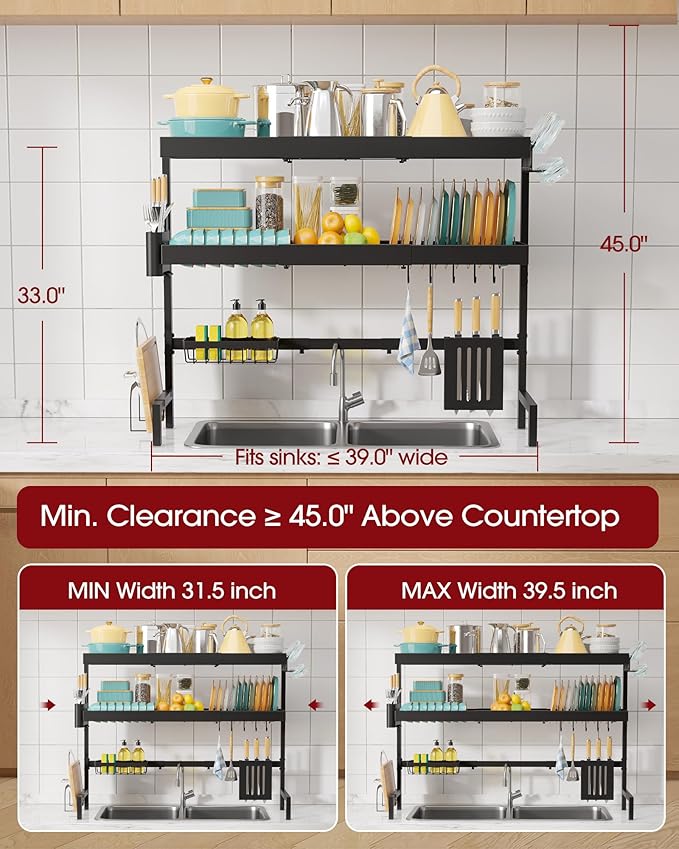 Over The Sink Dish Drying Rack, Expandable 3-Tier Stainless Steel Kitchen - Image 3