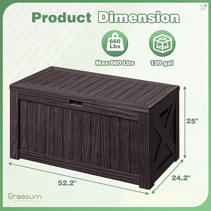 Greesum Outdoor Storage Box 120 Gallon Storage Bin with Lid for Patio Furniture, Garden Tools, Pool Supplies, Lockable, Waterproof and UV Resistant, Dark Brown - Image 4