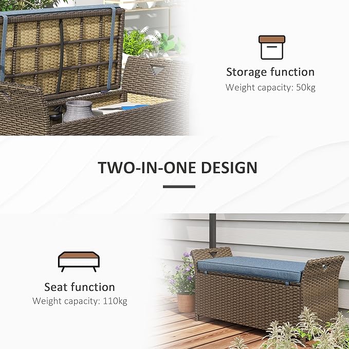 Outsunny 29 Gallon Patio Wicker Storage Bench, Outdoor PE Rattan Patio Furniture, 2-in-1 Large Capacity Rectangle Garden Storage Box with Handles and Cushion, Dark Blue - Image 6