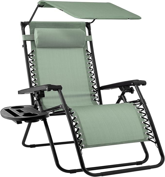 Best Choice Products Folding Zero Gravity Outdoor Recliner Patio Lounge Chair w/Adjustable Canopy Shade, Headrest, Side Accessory Tray, Textilene Mesh - Sage Green by BestChoiceProducts