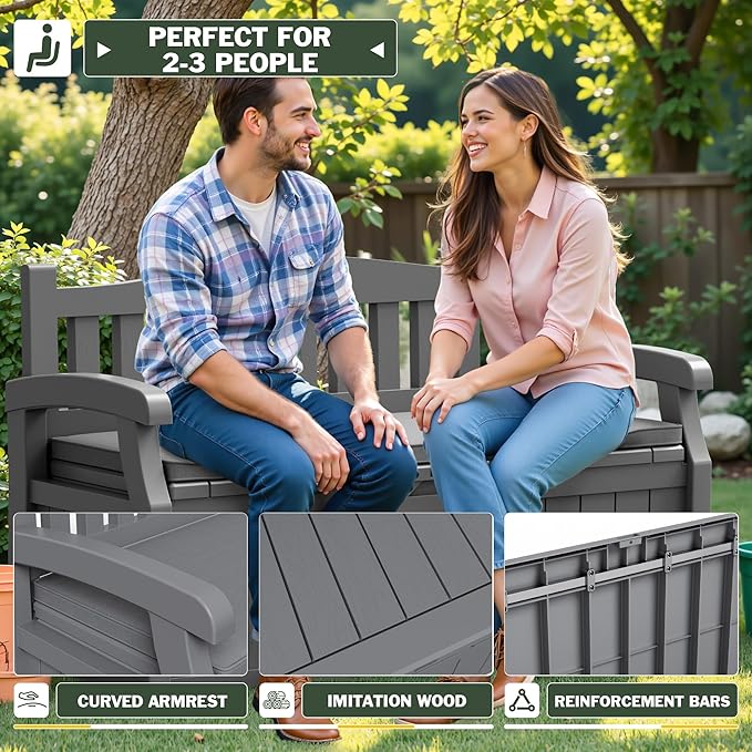 Flamaker 80 Gallon Storage Bench with Cushions Outdoor Indoor, Durable All-Weather Seating with Hidden Storage, Lockable Deck Box for Garden, Patio, Poolside (Grey) - Image 4