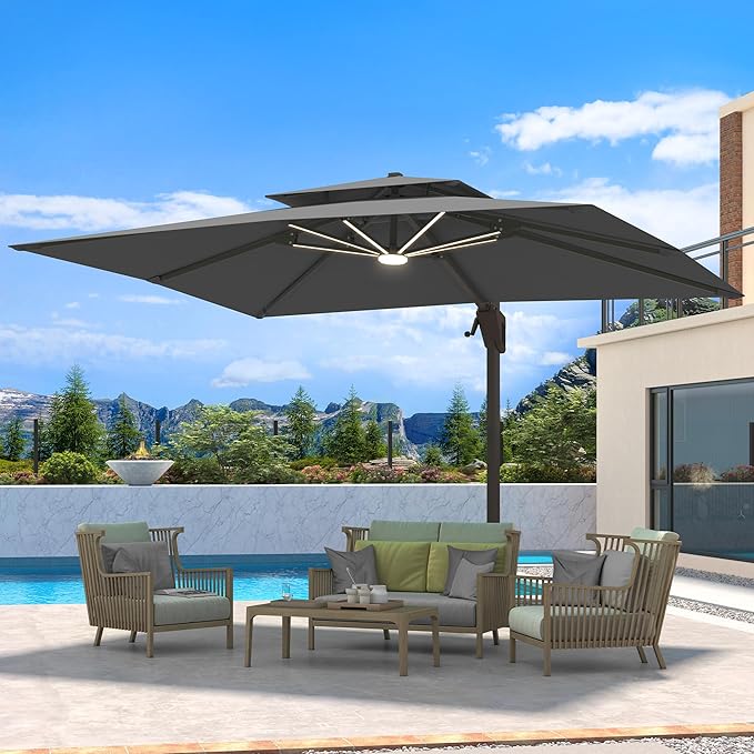 10 X 13 FT Cantilever Patio Umbrella with LED Lights Outdoor Heavy Duty Double Top Windproof Rectangle Offset Umbrellas with 360-degree Rotation for Pool Deck Backyard, Grey by Ombrellon