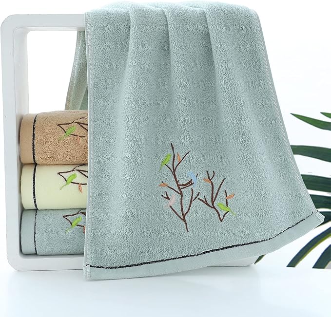 Pidada Hand Towels Set of 2 Embroidered Bird Tree Pattern 100% Cotton Absorbent - Image 3