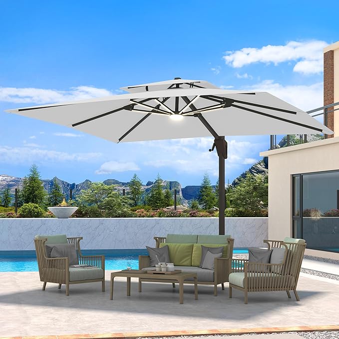 10 X 13 FT Cantilever Patio Umbrella with LED Lights Outdoor Heavy Duty Double Top Windproof Rectangle Offset Umbrellas with 360-degree Rotation for Pool Deck Backyard, Foggy Grey by Ombrellon
